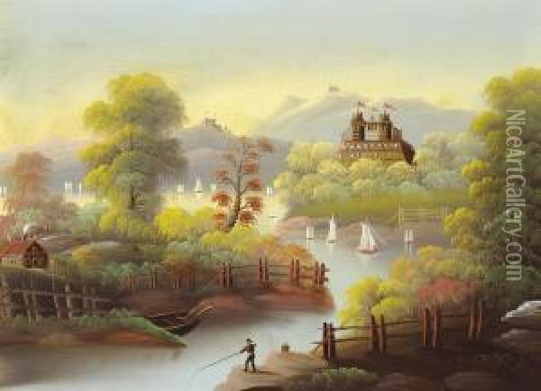 Castle On A Hill With A Sailboat Oil Painting - Thomas Chambers