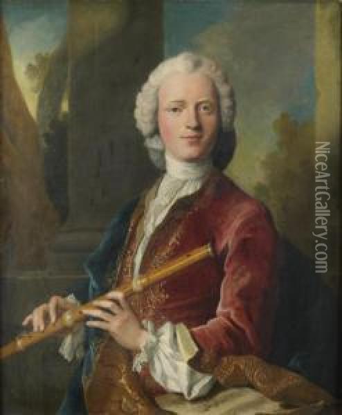 Portrait De Gentilhomme Jouant De La Flute Traversiere Oil Painting - Henri Millot