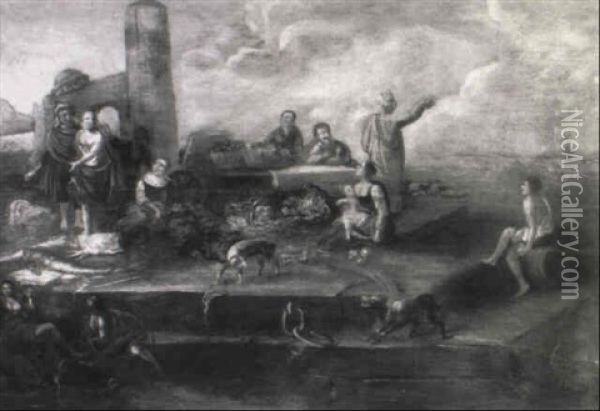 Stevedores And Other Figures With Fish And Vegetables On A  Quay Oil Painting - Hendrick Mommers