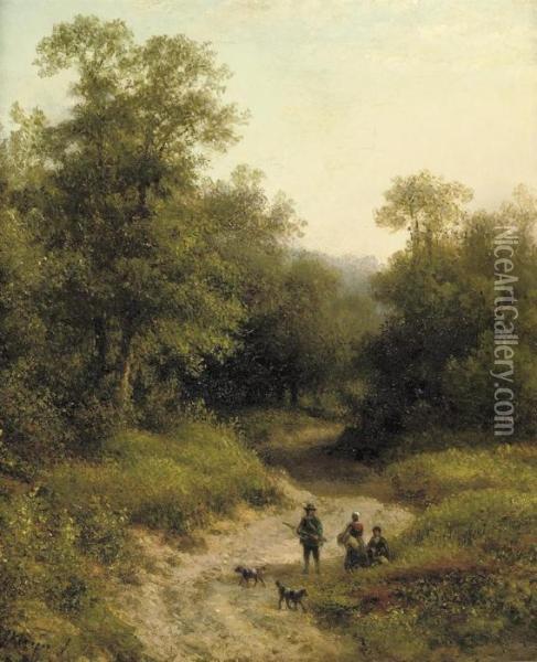A Hunter And His Family On A Wooded Path Oil Painting - Lodewijk Johannes Kleijn