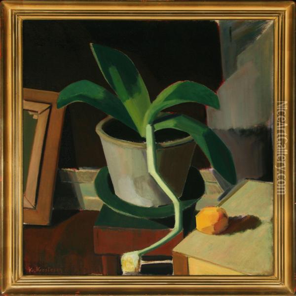 Still Life With A Plant Oil Painting - Kresten Krestensen
