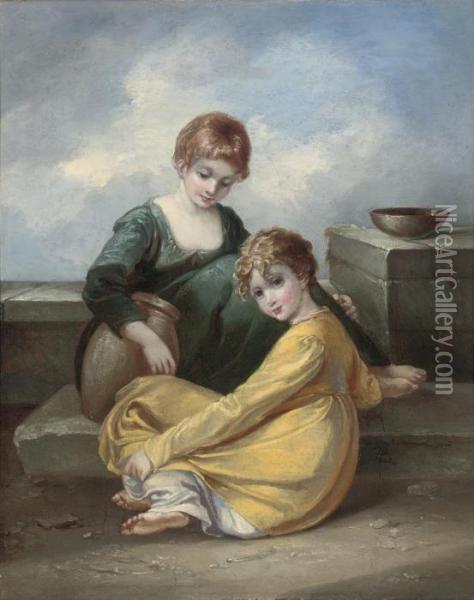 Two Children Seated Beside A Wall Oil Painting - Thomas Barker of Bath
