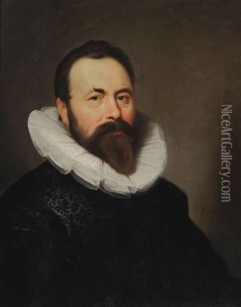 Portrait Of A Gentleman In An Embroidered Black Costume With A White Collar Oil Painting - Bartholomeus Van Der Helst