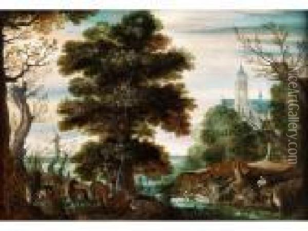 Baumlandschaft Mit Jagdtieren Und Federvieh Vor Einer Kirche Im Hintergrund Oil Painting - Samuel Van Hoogstraten