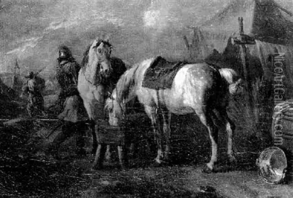 Militarisches Lager Mit Saufendem Pferd Oil Painting - Pieter van Bloemen