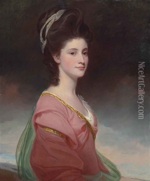 Portrait Of Elizabeth Ramus (1751-1848), Daughter Of Nicholas Ramus And Subsequently Wife Of Baron De Nougal, Half-length, In A Pink Dress... Oil Painting - George Romney