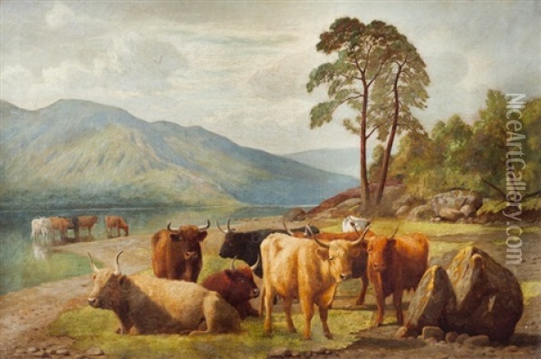 Cattle Watering At A Riverbank Oil Painting - William Sidney Cooper