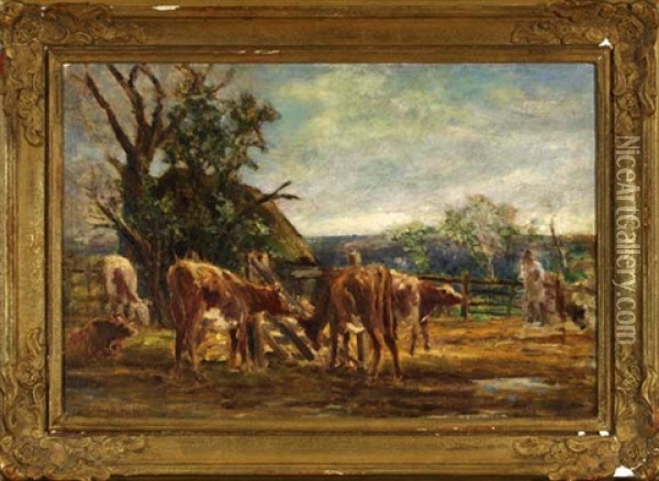 Farm Scene With Cattle Grazing Oil Painting - Mark William Fisher