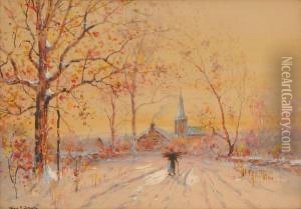 Late Autumn Evening With Figure And View Of Countryvillage Oil Painting - George F. Schultz