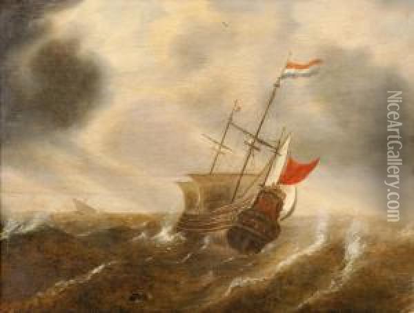 Hollands Oorlogsschip Met Deels 
Gestreken Zeilen Op Stormachtige Zee, Rechts Aan De Horizon Een 
Zeilschip Oil Painting - Simon De Vlieger
