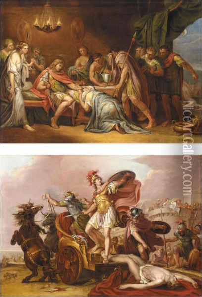 Achilles Dragging The Body Of Hector Round The Walls Of Troy; And King Priam Pleading For The Body Of Hector Oil Painting - Gavin Hamilton