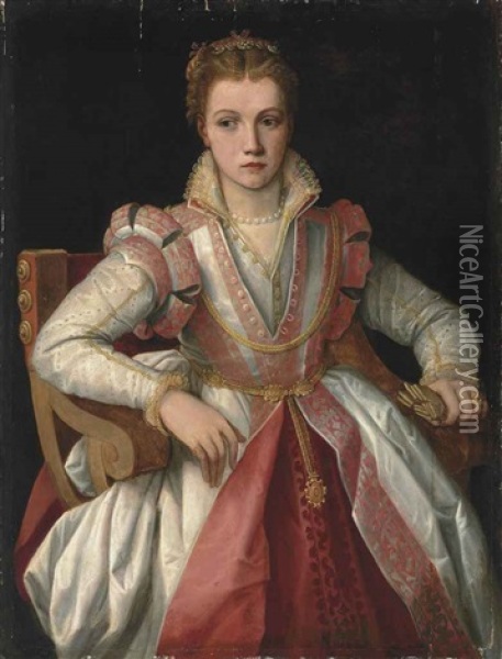 Portrait Of A Lady, Half-length, In A Richly Embroidered, High-necked White Dress With Pink Trim, A Jewelled Headdress And Pearl Necklace Oil Painting - Francesco del Rossi (Salviati)
