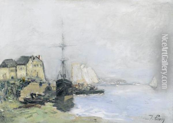 Hauser An Kustenpartie Mit Segelbooten. Oil Painting - Eugene Galien-Laloue