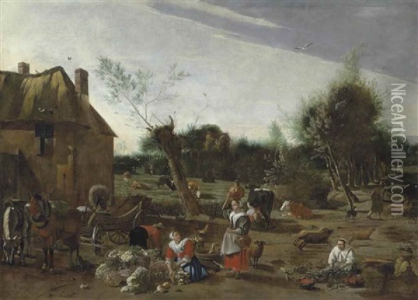 Peasant Women Sorting Vegetables And Milking Cattle By A Horse And Cart, A Thatched House Beyond Oil Painting - Jan Siberechts