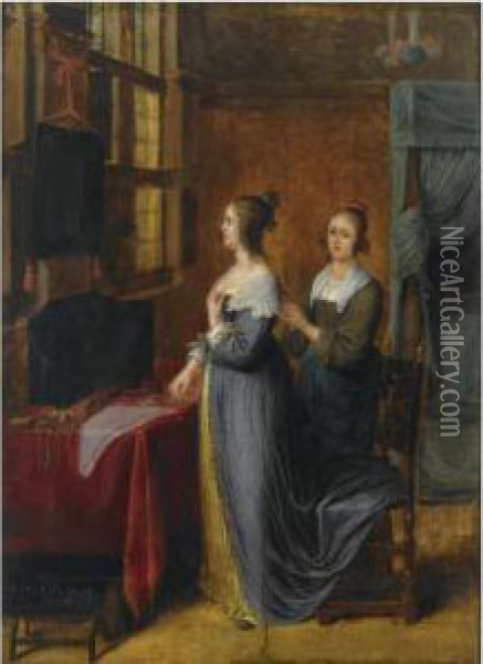 An Elegant Lady And Her Maid Standing In Front Of A Dressing Table In An Interior Oil Painting - Eglon Hendrick Van Der Neer