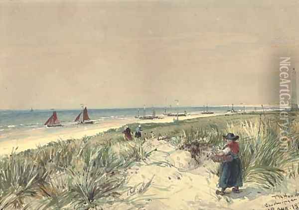 Fishwives heading for the beach to collect the day's catch at Scheveningen Oil Painting - Thomas Bush Hardy