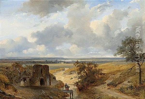 Figures In A Panoramic Summer Landscape Oil Painting - Nicolaas Johannes Roosenboom