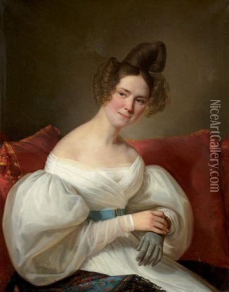 Portrait De Jeune Femme Sur Un Canape Rouge Oil Painting - Claude Marie Dubufe