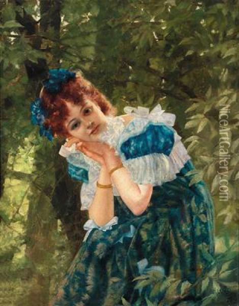 Madchen Mit Blauem Kleid Unter Baumen Oil Painting - Max Levis