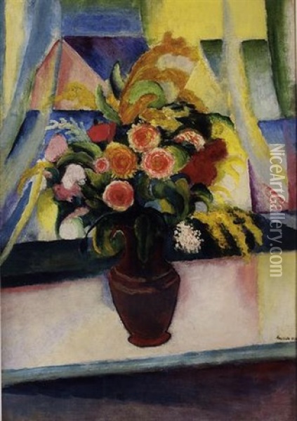 Stilleben: Bunter Blumenstrauss Vor Dem Fenster (still Life: Colourful Bunch Of Flowers In Front Of A Window) Oil Painting - August Macke