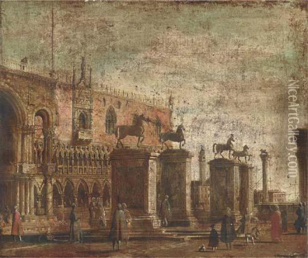 A Capriccio Of The Horses Of San Marco Set On Pillars In Thepiazzetta Oil Painting - (Giovanni Antonio Canal) Canaletto