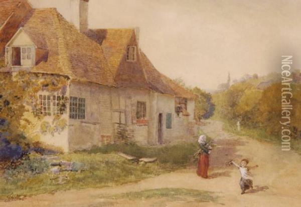 Woman And Child Outside A Country Cottage Oil Painting - John Henry Mole