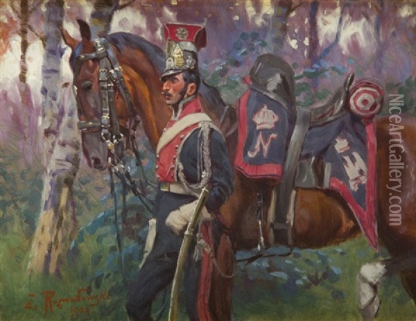 Uhlan With Horse Oil Painting - Zygmunt Rozwadowski