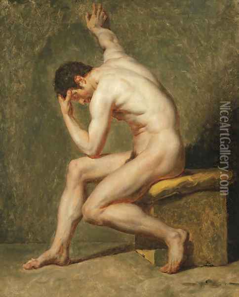 A seated male nude in contrapposto Oil Painting - Jean-Germain Drouais