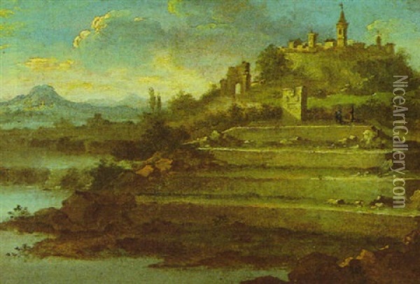 Venezianische Landschaftphantasie Mit Einer Bergstadt, Ruinen Und Zwei Pilgern Oil Painting - Giuseppe Bernardino Bison
