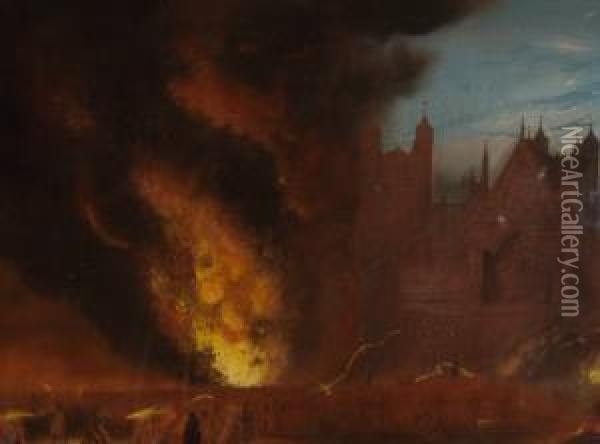 Bonfire Night At Exeter Cathedral Oil Painting - J.A. Mitchell