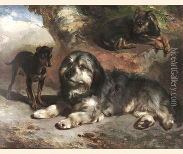 Faithful Friends, A Border Collie And Two Terriers In Alandscape Oil Painting - William Huggins