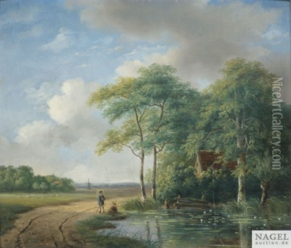 Sommerliche Landschaft Mit Bauernpaar Auf Einem Sandigen Fahrweg An Einem Weiher Oil Painting - Nicolaas Johannes Roosenboom