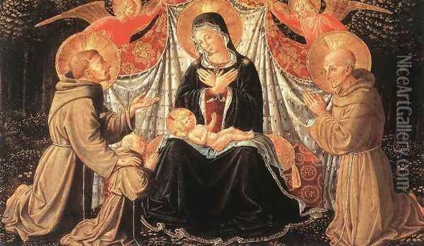 Madonna and Child with Sts Francis and Bernardine, and Fra Jacopo c. 1452 Oil Painting - Benozzo di Lese di Sandro Gozzoli