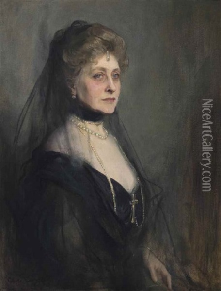 Duchess Of Argyll, Nee Princess Louise Caroline Alberta Of Great Britain, 1915, Seated Half-length To The Right, Wearing A Black Dress, With A Black Veil Pinned To The Back Of Her Head, Holding A Book In Her Right Hand On Her Lap Oil Painting - Philip Alexius De Laszlo