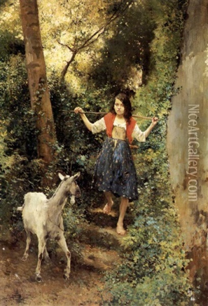 The Goat Girl Oil Painting - Luis Jimenez Y Aranda