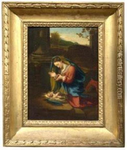 Vergine In Adorazione Del Bambino Oil Painting - Max Correggio