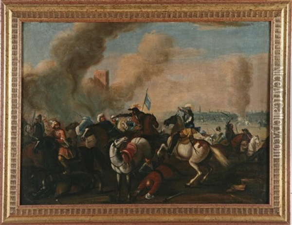 Battaglie Con Cavallerie, In Una Il Trombettiere A Sinistra Suona Gli Ordini (pair) Oil Painting - Ambrogio Borgognone