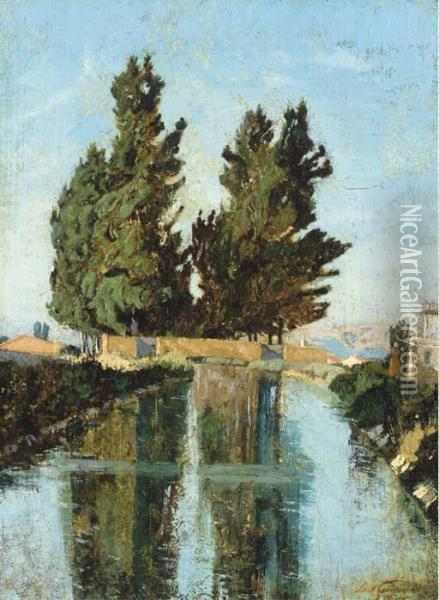 Les Cypres Pres De L'etang De Berre Oil Painting - Paul-Camille Guigou