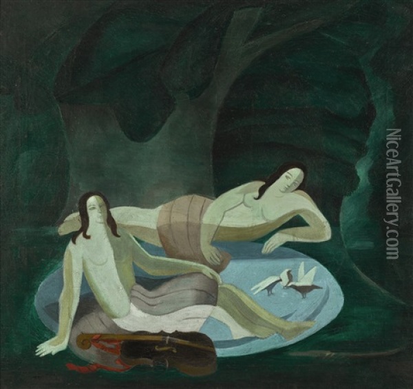 Nudes In An Emerald Forest With Cello Oil Painting - Alexandra Exter