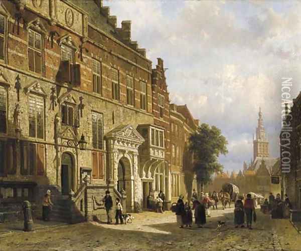 The Town Hall on the Burchtstraat with the St Stevenskerk beyond, Nijmegen Oil Painting - Cornelis Springer