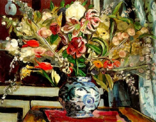 A Still Life With Flowers In A Blue China Vase Oil Painting - Jacqueline Marval