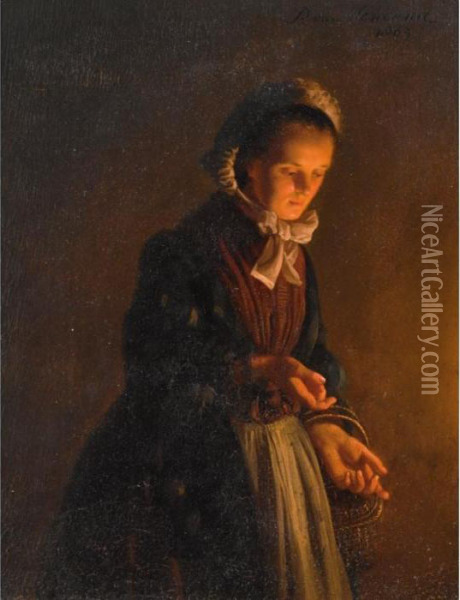 A Servant Girl By Candle Light Oil Painting - Petrus van Schendel