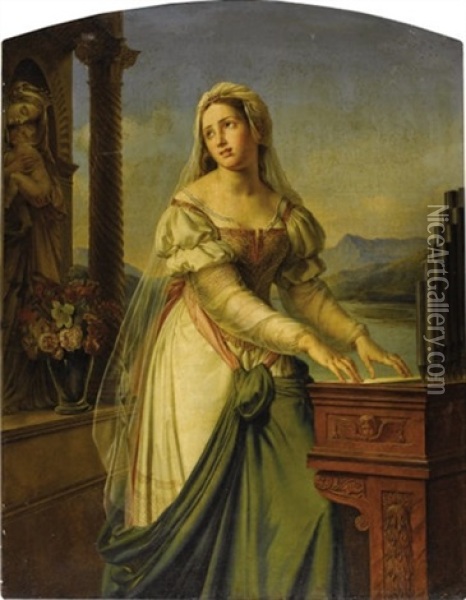 Woman At The Organ Before A Statue Of The Virgin And Child (saint Cecilia ?) Oil Painting - Marie-Philippe Coupin de la Couperie