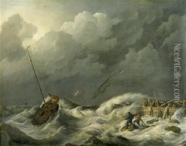 Schiffe Im Sturm Vor Einer Mole Oil Painting - Johannes Hermanus Koekkoek