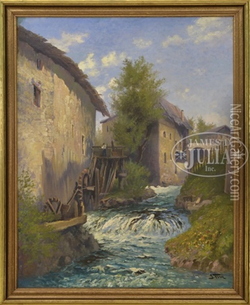 River Flowing Through A German Village With Mill Oil Painting - John Fery