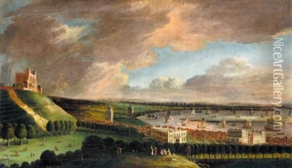 A Prospect Of Greenwich With The Queen's House And The Royal Observatory, The British Fleet On The River Thames Beyond Oil Painting - Johannes Vorsterman