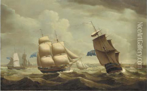 The Brig Ceres, In Three Positions, Off The Entrance Towhitehaven Oil Painting - John Askew