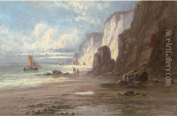 Figures On A Beach; And Waves Against The Rocks Oil Painting - Sidney Yates Johnson