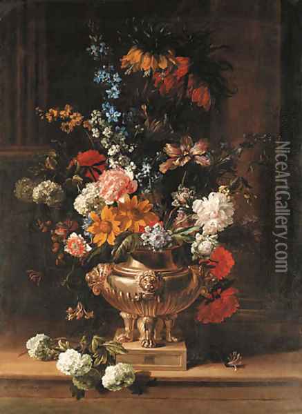 Parrot tulips, chrysanthemum, hydrangea, honeysuckle, borage, paeonies, Crown Imperial fritillaries and other flowers in a sculpted urn on a ledge Oil Painting - Jean-Baptiste Monnoyer