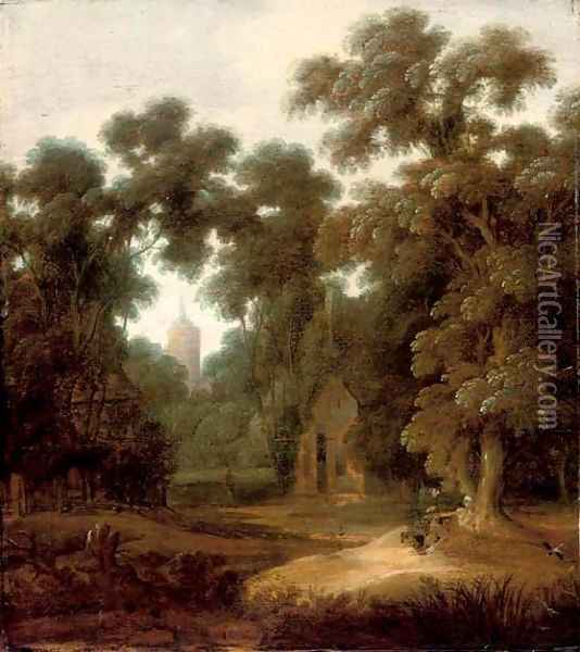 A wooded landscape with figures at rest on a track, a cottage and church beyond Oil Painting - Lucas Achtschellinck